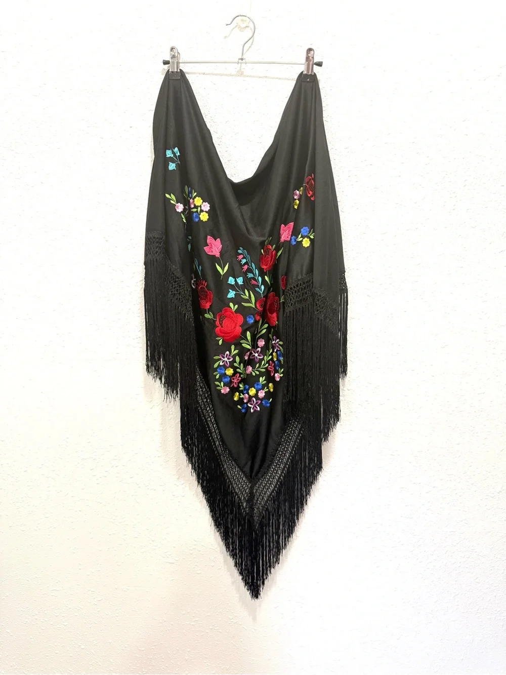 Black Embroidered Floral Fringe Shawl OS